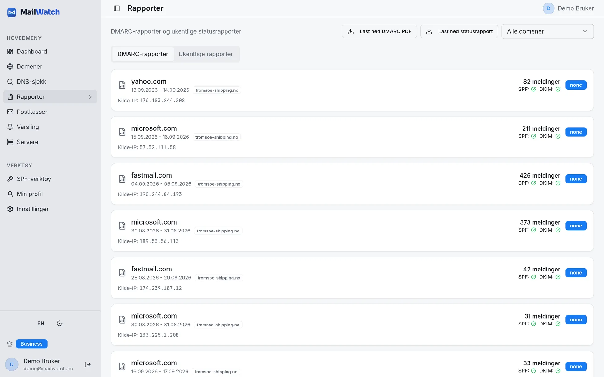 MailWatch liste over tolkede DMARC-rapporter per rapportør med SPF- og DKIM-resultat